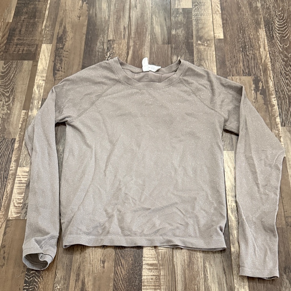 Athleta Long Sleeve Sparkle Metallic Top Taupe